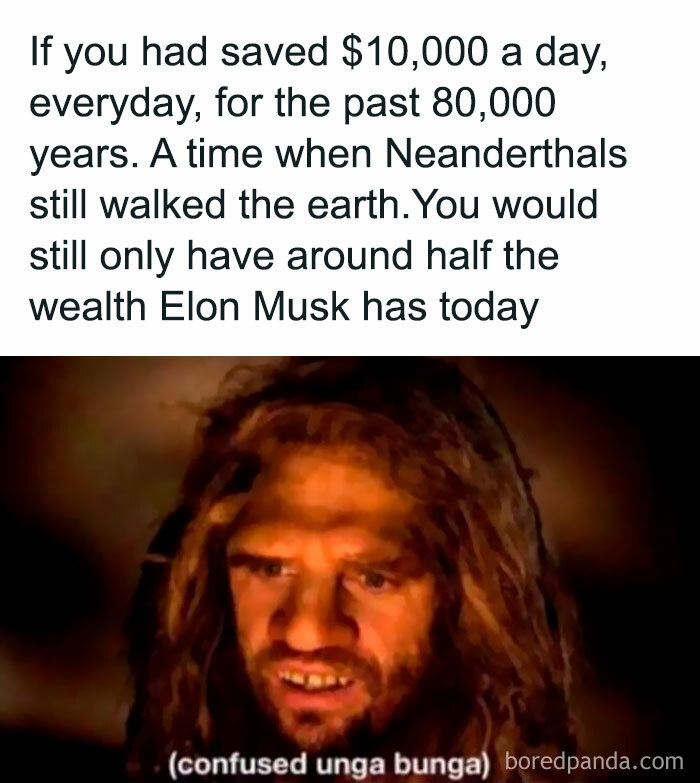 Neanderthal image highlighting irony and sadness of modern consumerism wealth disparity.