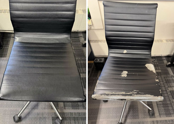 Two office chairs side by side; one is new, the other is worn, depicting views on consumerism.