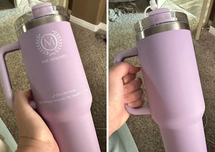 Hand holding a lavender tumbler with "The Heights" logo, reflecting irony and discontent with consumerism.
