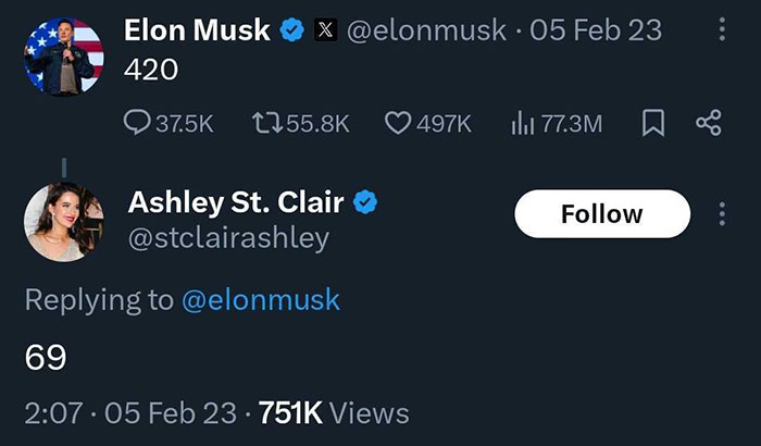 Elon Musk's tweet with a humorous numeric reply from Ashley St. Clair.