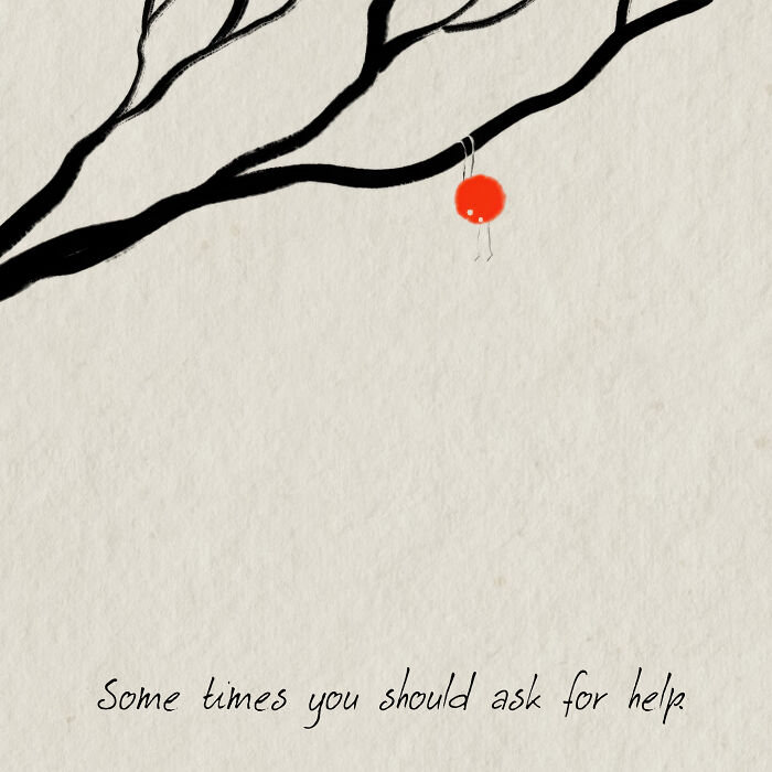 Simplicity illustration: red figure hanging from a branch with text "some times you should ask for help."