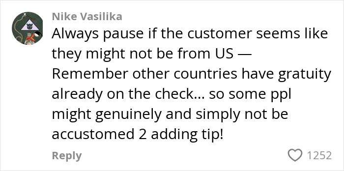 Comment discussing tipping practices and gratuity for international customers.