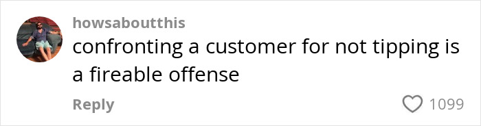 Image of a comment on tipping debate, stating confronting customers for not tipping is a fireable offense.