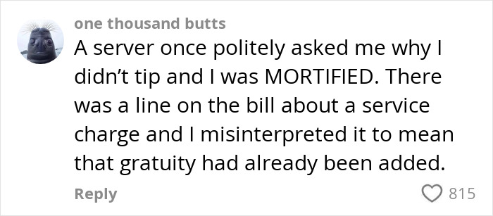 Comment discussing a server asking why a customer didn't tip, with an explanation about service charge confusion.