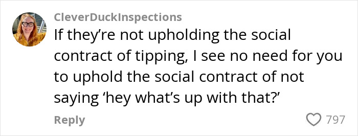 Comment on tipping ethics in response to a debate about asking why customers didn&rsquo;t tip, with a profile picture beside it.