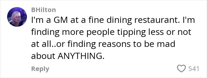 Fine dining GM comments on tipping less, sparking viral debate with 541 likes.
