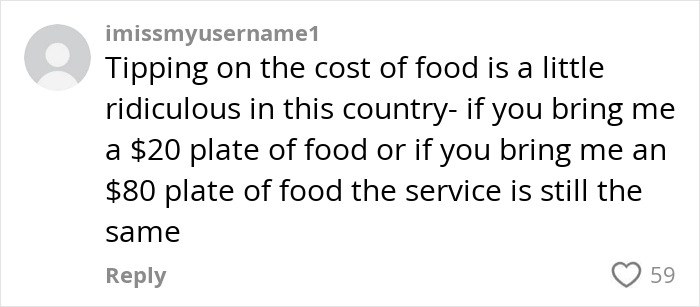 Comment debating tipping after server's question goes viral, addressing food cost and service value.