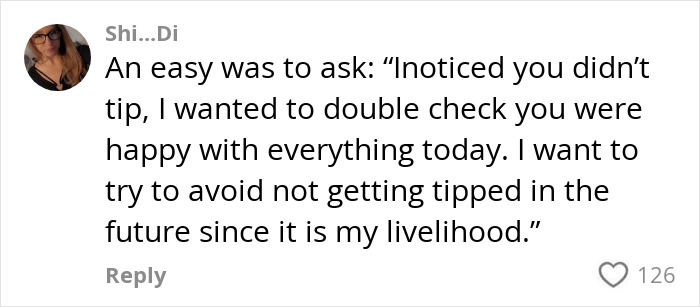 A server comments on asking customers about not tipping, gaining 126 likes.