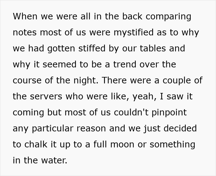 Text about servers discussing a trend of not receiving tips from customers during their shift.