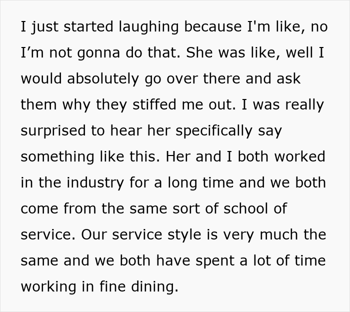 Text discussing a server's thoughts on asking customers why they didn't tip, sparking debate.