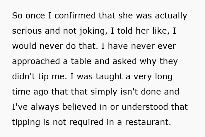 Text discussing a server's view on asking customers why they didn't tip, addressing tipping etiquette and norms in restaurants.