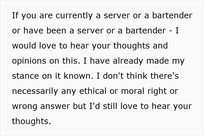 Text asks servers and bartenders their thoughts about questioning why customers didn&rsquo;t tip, sparking debate.