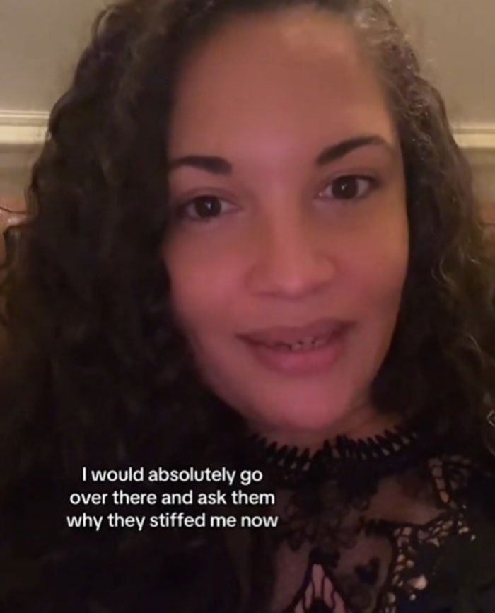 Server discussing a viral debate about why customers didn't tip, with text overlay.