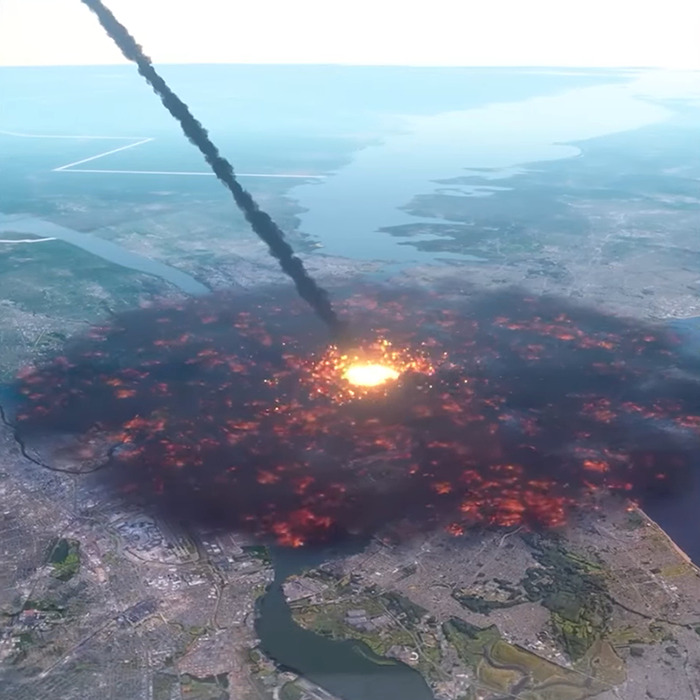 City-leveling asteroid impact simulation showing fiery explosion and smoke over a metropolitan area. City-leveling asteroid impact simulation showing fiery explosion and smoke over a metropolitan area.