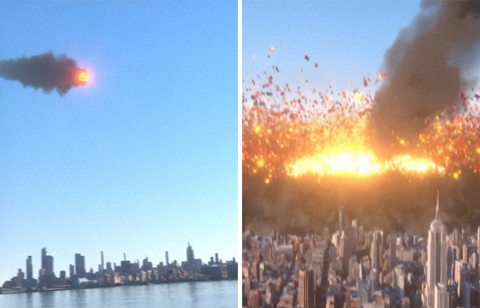 Asteroid impact simulation over city, showcasing city-leveling threat. Asteroid impact simulation over city, showcasing city-leveling threat.