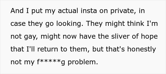 Text screenshot about a teen's private Instagram and family misconceptions about being gay.