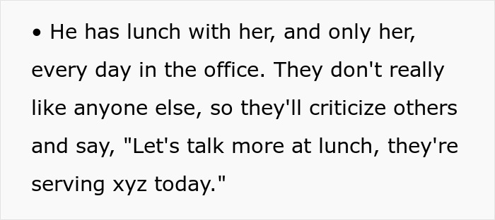 Text about a man having daily lunches with a colleague, making his wife feel excluded.