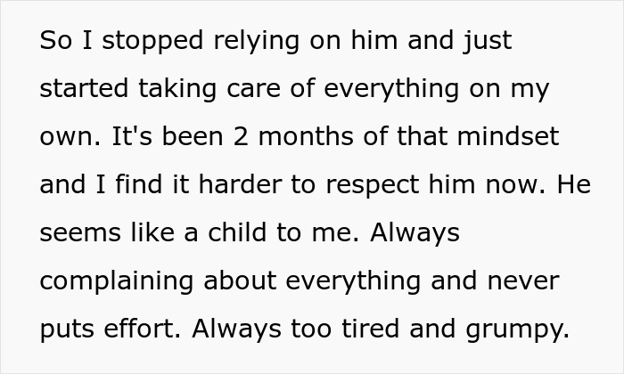 Text expressing frustration over a partner neglecting chores, leading to resentment.