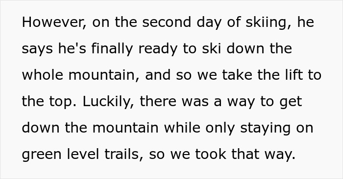 Text detailing a skiing experience, mentioning using green level trails.