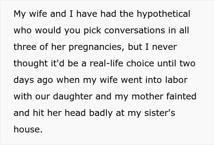 Text discussing a husband's reaction during his wife's labor and a family emergency involving his mother.