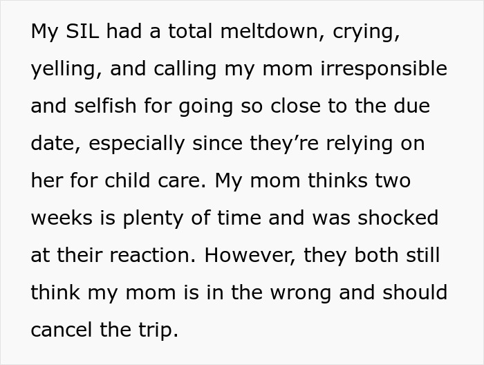 Text dialogue about a mom refusing to cancel her cruise despite her daughter-in-law's objections.