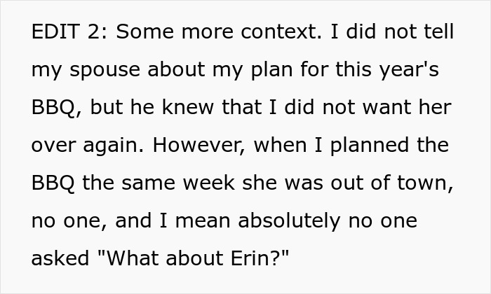 Text discussing a BBQ plan, mentioning family dynamics and Erin's absence, related to a family barbeque scenario. Text discussing a BBQ plan, mentioning family dynamics and Erin's absence, related to a family barbeque scenario.