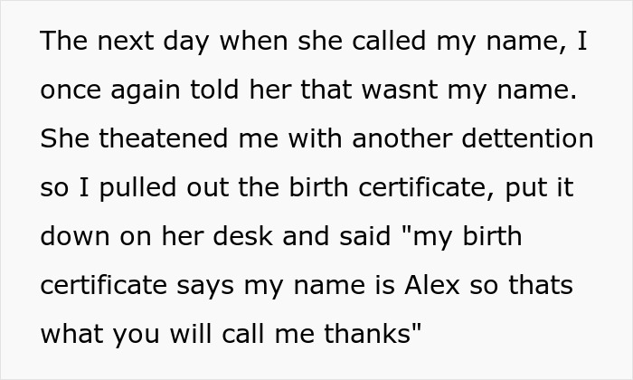 Text exchange about a student confronting a teacher for mispronouncing their name using a birth certificate as proof.