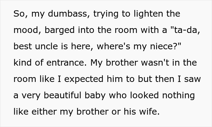 Text recounts an uncle's surprise reaction, brother's daughter doesn't resemble him.