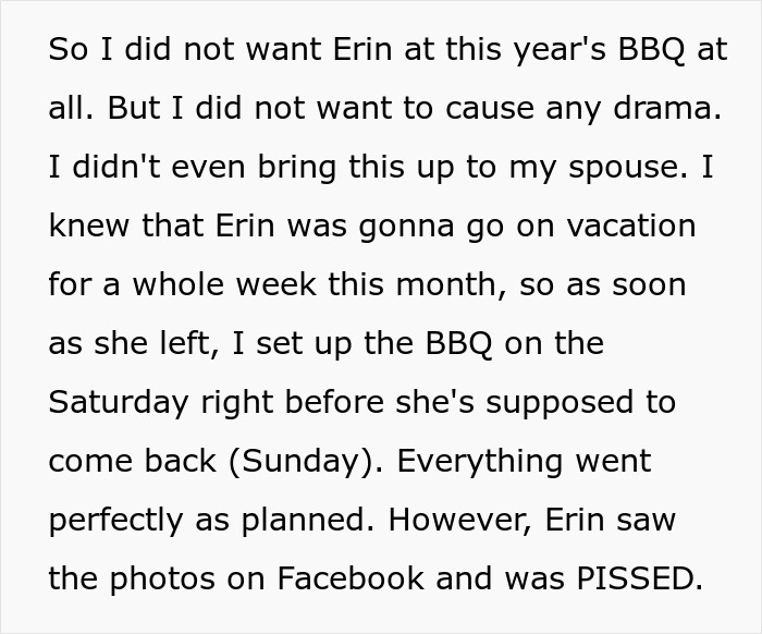 Text excerpt about family BBQ and Erin's absence, leading to her anger over Facebook photos. Text excerpt about family BBQ and Erin's absence, leading to her anger over Facebook photos.