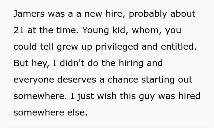 Text discussing a new, entitled hire; highlights worker challenging HR limits. Text discussing a new, entitled hire; highlights worker challenging HR limits.