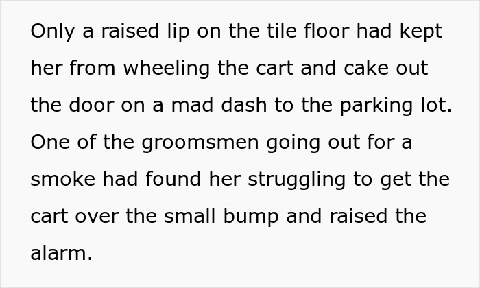 Text describing a scene with a MIL's failed attention-seeking attempt involving a cart and cake struggling over a floor bump. Text describing a scene with a MIL's failed attention-seeking attempt involving a cart and cake struggling over a floor bump.