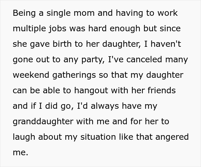 Text screenshot about a single mom's challenges with babysitting and social life balance.
