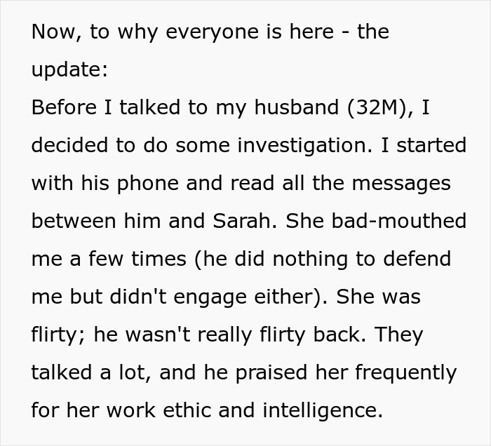 Text update about a husband, his work colleague Sarah, and their message exchanges concerning work ethics and intelligence.