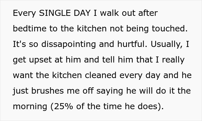 Text describing neglect of chores, husband promises to clean kitchen daily but rarely does, causing disappointment and hurt.