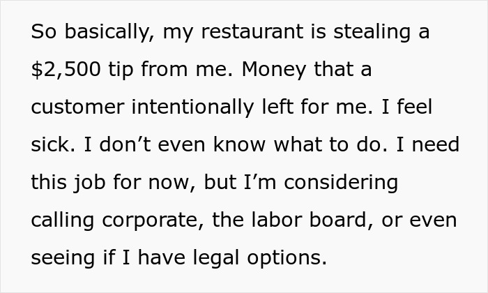 Text expressing concern over server's $2,500 tip not received, considering legal options against restaurant. Text expressing concern over server's $2,500 tip not received, considering legal options against restaurant.