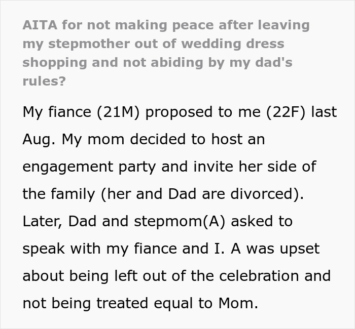 Text discussing family conflict over wedding shopping and engagement celebration.