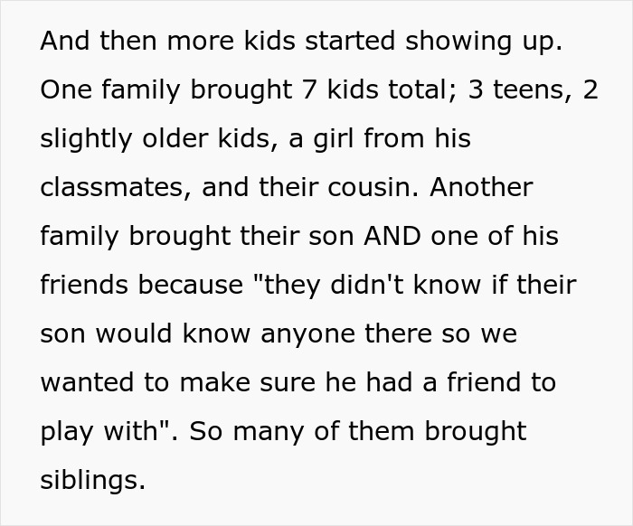 Text about unexpected guests and siblings attending a child's party without RSVPs or presents.