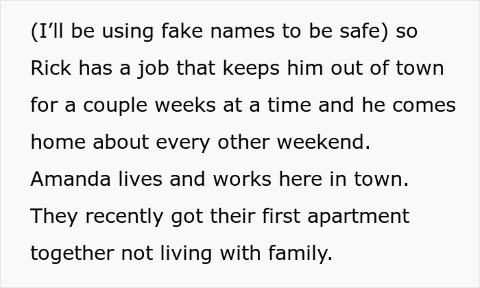 Text screenshot about a man named Rick working out of town, living with Amanda in their new apartment. Text screenshot about a man named Rick working out of town, living with Amanda in their new apartment.