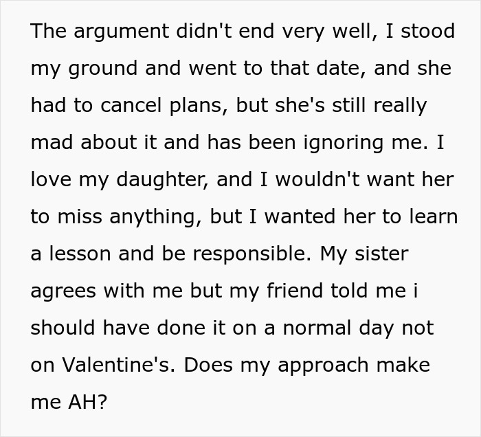 Text discussing a disagreement involving Valentine's Day babysitting plans and family dynamics.