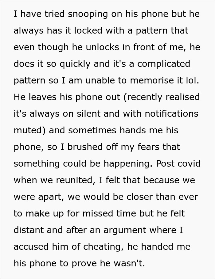 Text discussing trust issues while wife's husband is on an overseas trip.