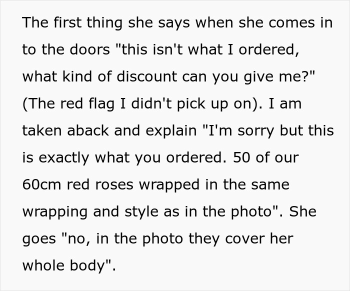 Text describing customer complaint about incorrect rose delivery order. Text describing customer complaint about incorrect rose delivery order.