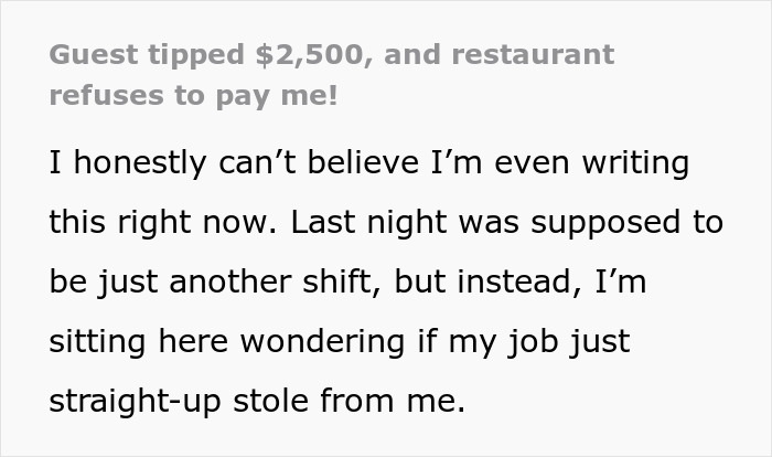 Text from server about not receiving $2,500 tip from guest, accusing restaurant of withholding payment. Text from server about not receiving $2,500 tip from guest, accusing restaurant of withholding payment.
