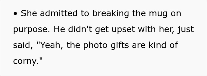 Text conversation about a broken mug, discussing photo gifts being "corny," highlighting work-wife dynamics.