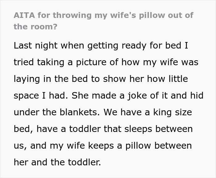 Text discussing husband tossing pillow from bed for more space, affecting sleeping arrangement with wife and toddler.