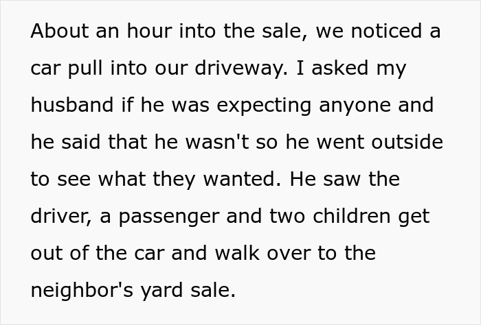 Text describing a yard sale where a car parked in a neighbor's driveway.