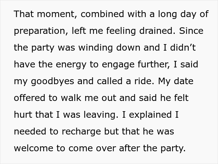 Text excerpt about feeling drained, leaving a party, and declining a date's offer to walk out. Text excerpt about feeling drained, leaving a party, and declining a date's offer to walk out.
