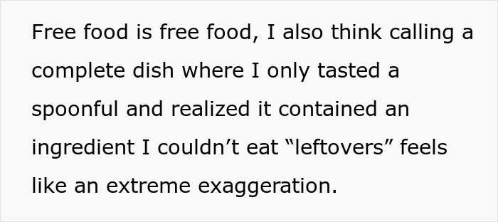 Text discussing the refusal to pay for a meal taken home due to unwanted ingredients. Text discussing the refusal to pay for a meal taken home due to unwanted ingredients.