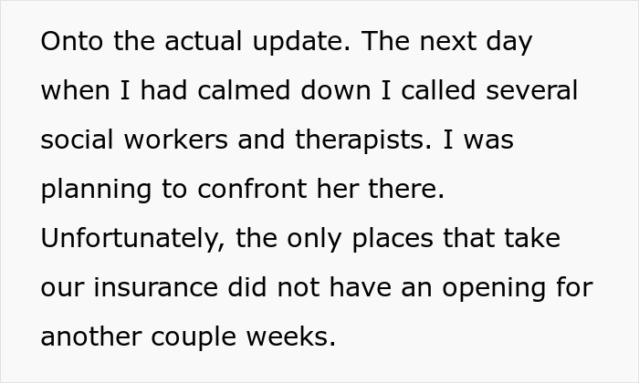 Text discussing confronting someone with the help of social workers and therapists; insurance delays consultation.