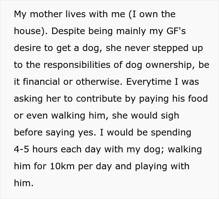 Untrainable dog ownership burden described; man caring for it, seeking help from his mom and girlfriend without success.