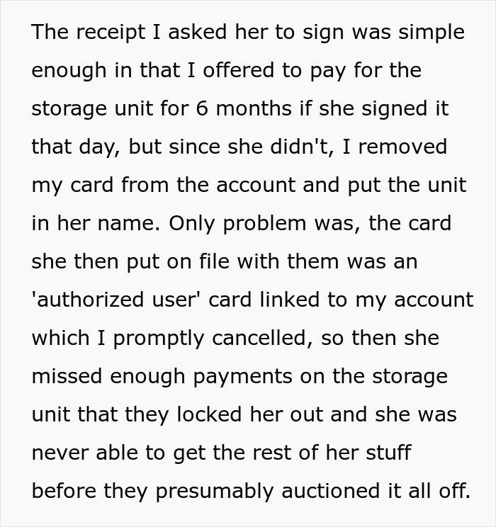 Text about a person's plan for petty revenge and lesson for a toxic girlfriend using a storage unit payment issue.